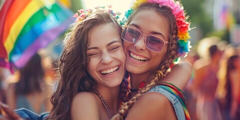 Two beautiful lesbian girls hugging and celebrating on pride parade, Vogue magazine style photo, blurred background - obrazy, fototapety, plakaty