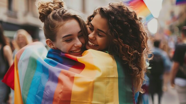 Two beautiful lesbian girls hugging while wrapped in an LGBT flag on pride parade, professional photo, blurred background