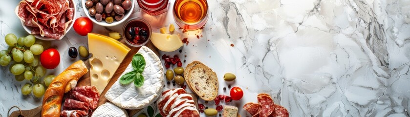 A table with a variety of food items including bread, cheese, grapes, olives