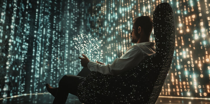 A man sits in a chair, surrounded by bytecode, Generative AI