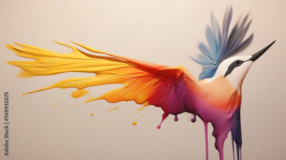 Poster a digitally created hummingbird with a trailing splash of paint colors, capturing a moment of motion