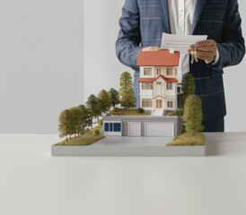 a real estate agent holding keys and presenting a house model on a table, accompanied by a contract, against a clean white background, ideal for a web banner with ample copy space for text.