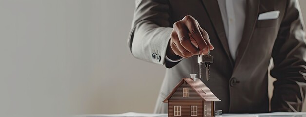 a real estate agent holding keys and presenting a house model on a table, accompanied by a contract, against a clean white background, ideal for a web banner with ample copy space for text. - obrazy, fototapety, plakaty