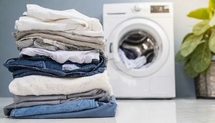 Stack of clothes in front of a washing machine in the laundry room. Clean concept 