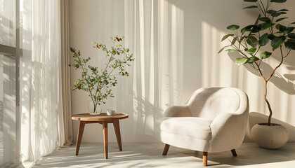 Interior of modern living room with soft armchair, table and tree branches