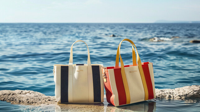 Photo of two beach bags with colored stripes standing on rocks near the seashore. Summer beach vacation concept