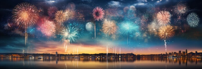 Colorful panoramic view of fireworks over night sky
