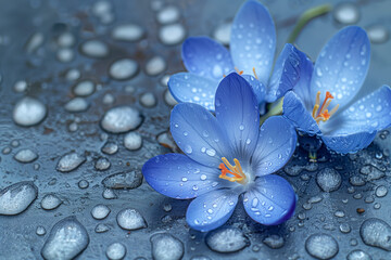 Spring flowers, blue crocuses and  raindrops of water on a dark background 