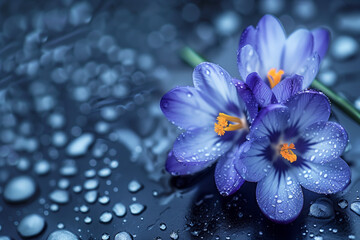 Spring flowers, blue crocuses and  raindrops of water on a dark background 
