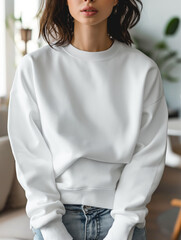 Woman standing in a white sweatshirt, mockup.