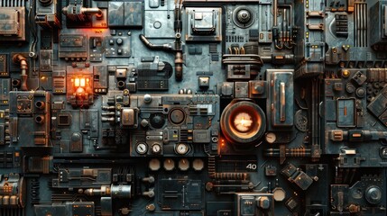 Fototapeta premium Intricate and detailed modern machine cyberpunk wall background AI generated image