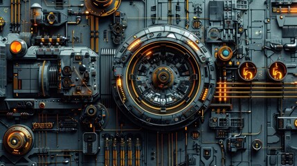Intricate and detailed modern machine cyberpunk wall background AI generated image - obrazy, fototapety, plakaty