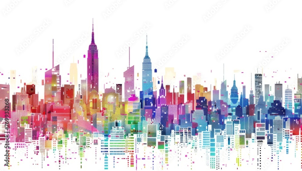 Poster a digital art depiction of the new york skyline, rendered in vibrant colors and a pixelated style, w