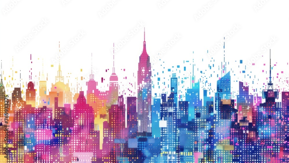 Poster a vibrant digital art of the new york skyline, composed entirely from colorful pixelated shapes and 