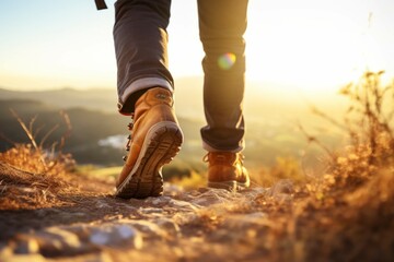 person hiking wearing hiking boots walking down the hill in the afternoon - obrazy, fototapety, plakaty