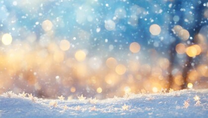 Fototapeta na wymiar magical winter background with snow snowflakes and soft bokeh lights on blue sky cold backdrop for christmas snowy still life at frosty weather time blurred magical background