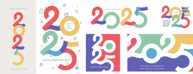 Set of Colored 2025 new year design concept for Christmas, celebration, season decoration. Calendar, poster, flyer and social media post template. Trend 2025 new year celebration. Vector modern logo.