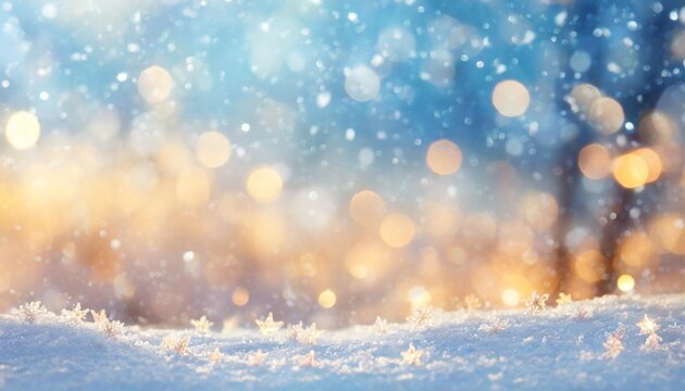 magical winter background with snow snowflakes and soft bokeh lights on blue sky cold backdrop for christmas snowy still life at frosty weather time blurred magical background