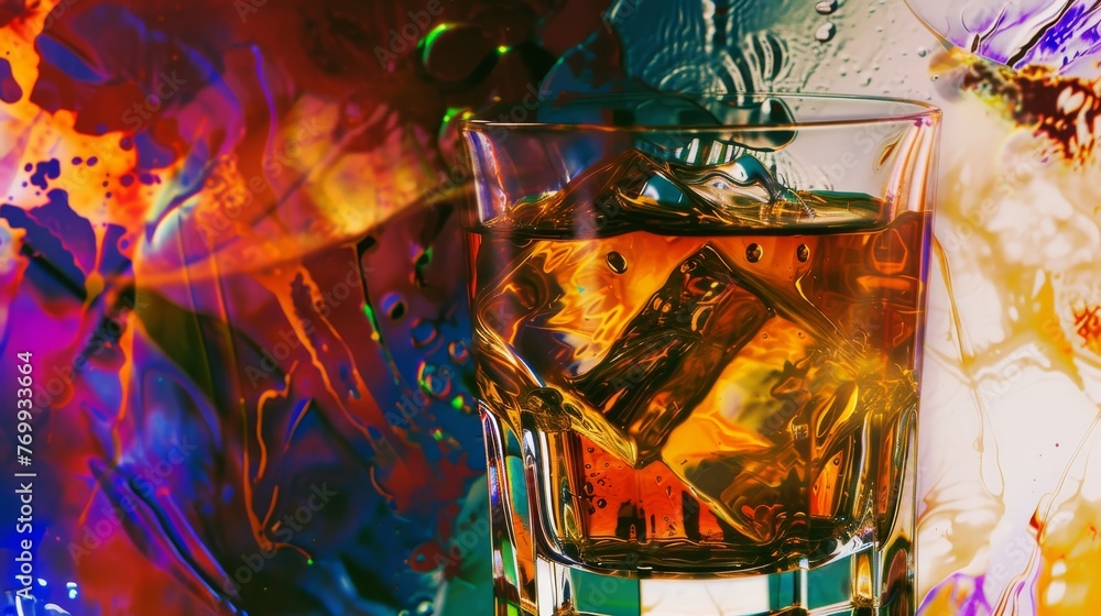Poster a vibrant abstract image capturing the dynamic splash of whiskey in a glass, set against a colorful 