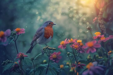 A Vibrant Spring Morning Captured: A Robin Diligently Searching for Worms Amidst the Lush Blooms of a Flourishing Garden