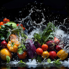 Water splashing on vegetables and fruits