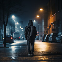 Hooded man walking in Detroit at night