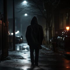 Hooded man walking in dark alley on a cold night
