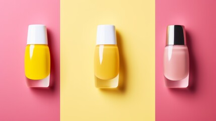 Three nail polish bottles in yellow, amber, and pink hues neatly arranged on a pink and yellow backdrop, showcasing vibrant colors and minimalist style - obrazy, fototapety, plakaty
