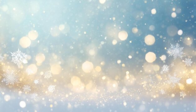 winter scene of snowflakes falling with sparkling ice and bokeh light particles on a dreamy blue background room for copy space