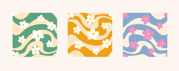 A set of floral patterns and cover designs in the style of the 70s with groovy daisy flowers. Retro floral vector design. Style of the 60s, 70s, 80s