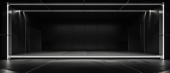 Panorama of modern dark stage, black room with white led light, studio or showroom background. Concept of hall, garage, interior, building. - obrazy, fototapety, plakaty