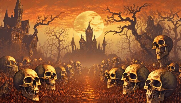 halloween themed movie poster art with skulls and demons red colors