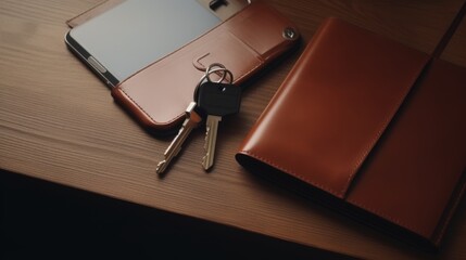 A sleek smartphone in a leather case beside a car key and a stylish leather notebook on a wooden surface, evoking a sense of business readiness and personal organization