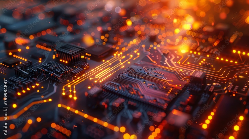 Poster macro shot of an advanced circuit board with microchips and glowing orange traces, symbolizing sophi