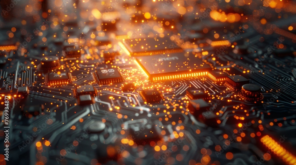 Aufkleber detailed view of a computer motherboard circuitry with dynamic orange light trails, showcasing the b