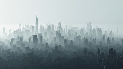 A serene monochromatic cityscape showing a gradual fade effect, with the silhouettes of skyscrapers blending into the sky. - obrazy, fototapety, plakaty