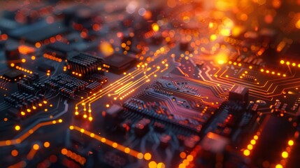 Macro shot of an advanced circuit board with microchips and glowing orange traces, symbolizing sophisticated electronics and data technology.