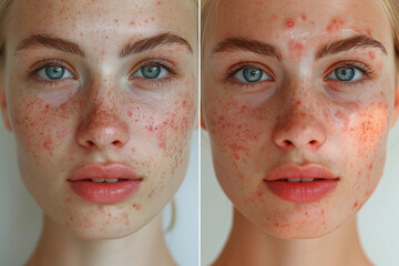 Before and after acne treatment collage portrait of the face of young beautiful woman. Problem skin rejuvenate and beauty skin care concept.