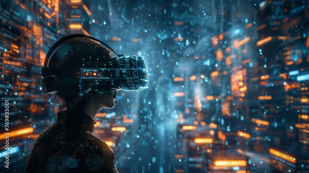 Poster a woman wearing a vr headset is immersed in a digital interface, surrounded by glowing data streams,