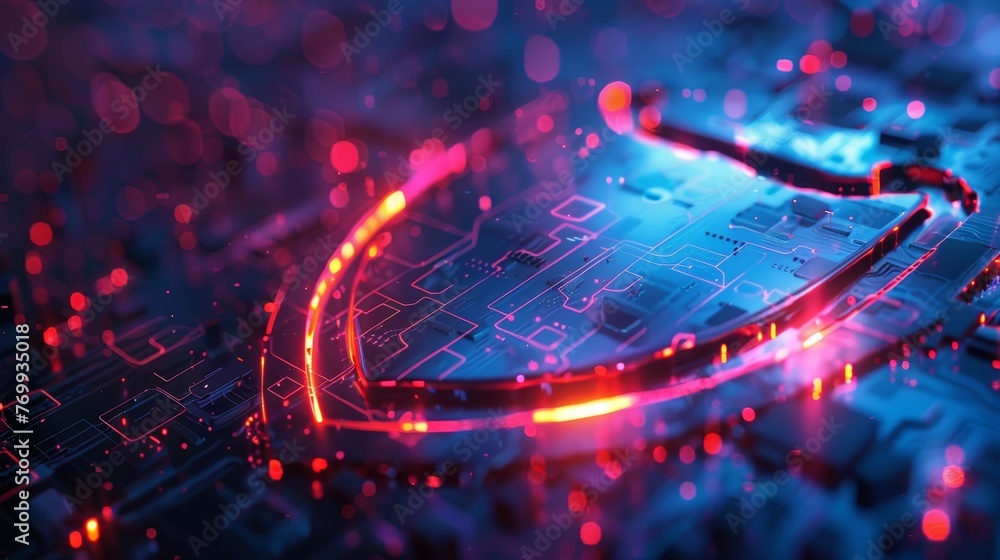 Aufkleber a neon glowing cyber shield symbol embedded on a digital circuit board, depicting advanced network p