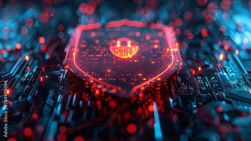 Poster a vibrant cybersecurity lock icon stands out on a complex circuit board, highlighting concepts of di