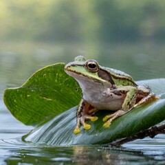 Fototapeta premium Beautiful Frog on a tree leaf above water
