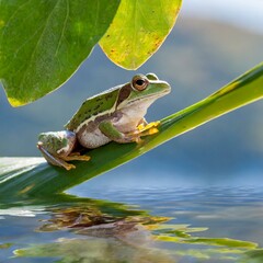 Beautiful Frog on a tree leaf above water