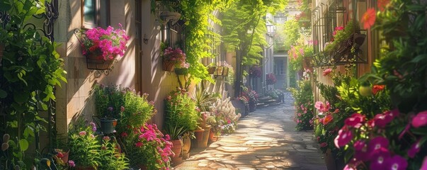 A Serene Stroll Through a Blossoming Alley: Where Hanging Baskets and Balcony Potted Plants Transform a Narrow Path into a Springtime Wonderland