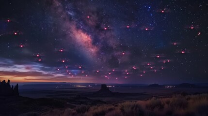 A serene desert landscape under a star-filled sky, punctuated by the red lights of drones, creating a mysterious nocturnal scene. - obrazy, fototapety, plakaty