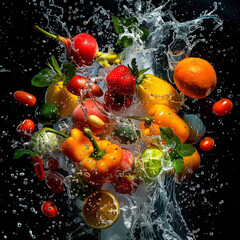 Water splashing on vegetables and fruits