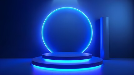 Mockup of abstract minimal wall scene mockup product display with modern geometric forms on a 3D blue holo background,