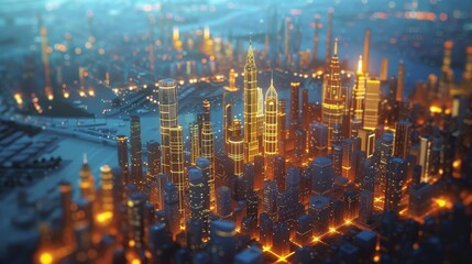 Obraz premium As twilight sets in, a futuristic model of a city built on a circuit board shines with a warm, golden glow, evoking a blend of technology and urban life.