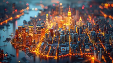 An electrified city model at night, showcasing a sprawling urban landscape with radiant street lights and illuminated buildings, reminiscent of a bustling metropolis.