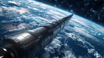 A space elevator extends from Earth towards the stars, a concept straight out of science fiction, showcasing human ingenuity and futuristic space travel.